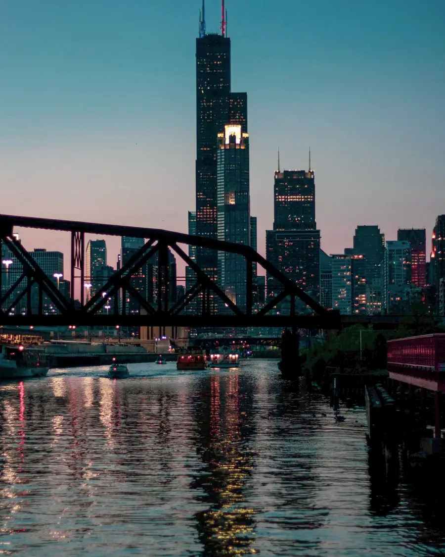 Chicago River and skyline at dusk